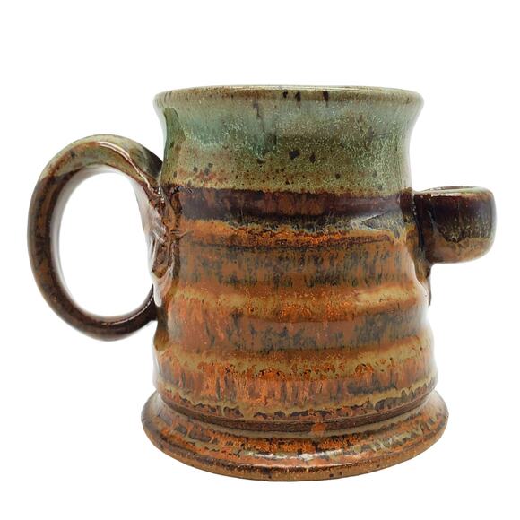 Small Pottery Espresso Cup Kline Tea Mug Spoon Holder Green Brown Studio Rustic - Picture 1 of 9